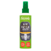 A green 190ml bottle of Sizzola Air Fryer Spray Cooking Oil, labeled for high-heat and healthy cooking, with simple spray instructions for direct application.